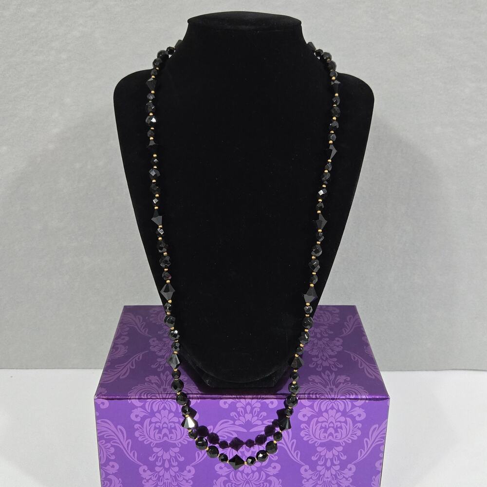 Vintage Art Deco Jet Black Diamond Faceted Glass Bead Knotted Strand Necklace